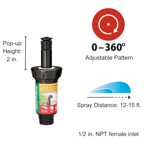 Rain Bird 1802AP4PK Professional Pop-Up Sprinkler, Adjustable 0-360° Pattern, 8' - 15' Spray Distance, 2" Pop-up Height, 4-Pack