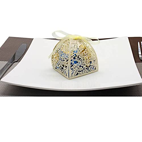 KPOSIYA Pack of 100 Laser Cut Rose Candy Boxes, Favor Boxes 2.5"x 2.5"x 3.1", Gift Boxes Bridal Shower Anniverary Birthday Party Wedding Favor (100,Beige)