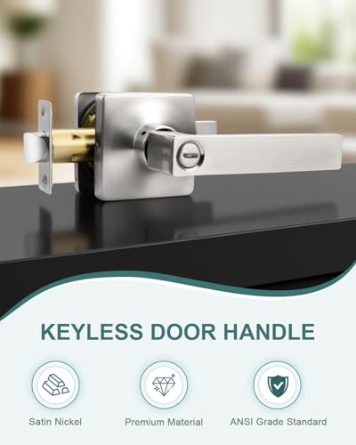 GOBEKOR 1 Pack Square Satin Nickel Privacy Door Lever,Keyless Door Handle Interior Use,Bathroom/Bedroom Door Lock (Thumb Turn,No Key),Reversible for Right or Left Side Door Handle Lock