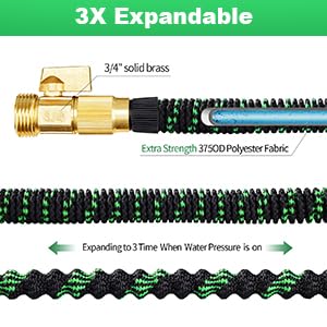 25ft Expandable Garden Hose, Water Hose with 10 Function Nozzle, Flexible Hose with 3/4" Solid Brass Fittings, Extra Strength Fabric, Easy Storage Kink Free, Black & Green
