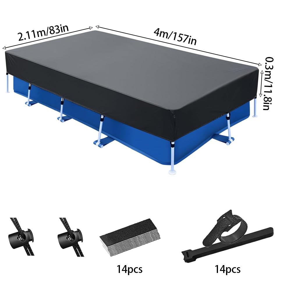 13x7 Ft Rectangular Above Ground Pool Cover with 2 Drawstring and 14 Velcro Strap Set Solar Heavy Duty for Metal Frame Outdoor Swimming Winter Safety (157 * 83inch)