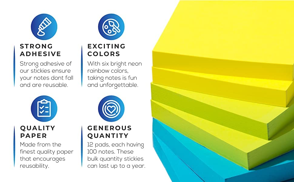 Infiniko Sticky Notes 3x3 Inch, 6 Bright Color Sticky Pads, 100 Sheets Each, Super Sticky Notes with Strong Adhesive Office Supplies for Desk, School & Daily Planning