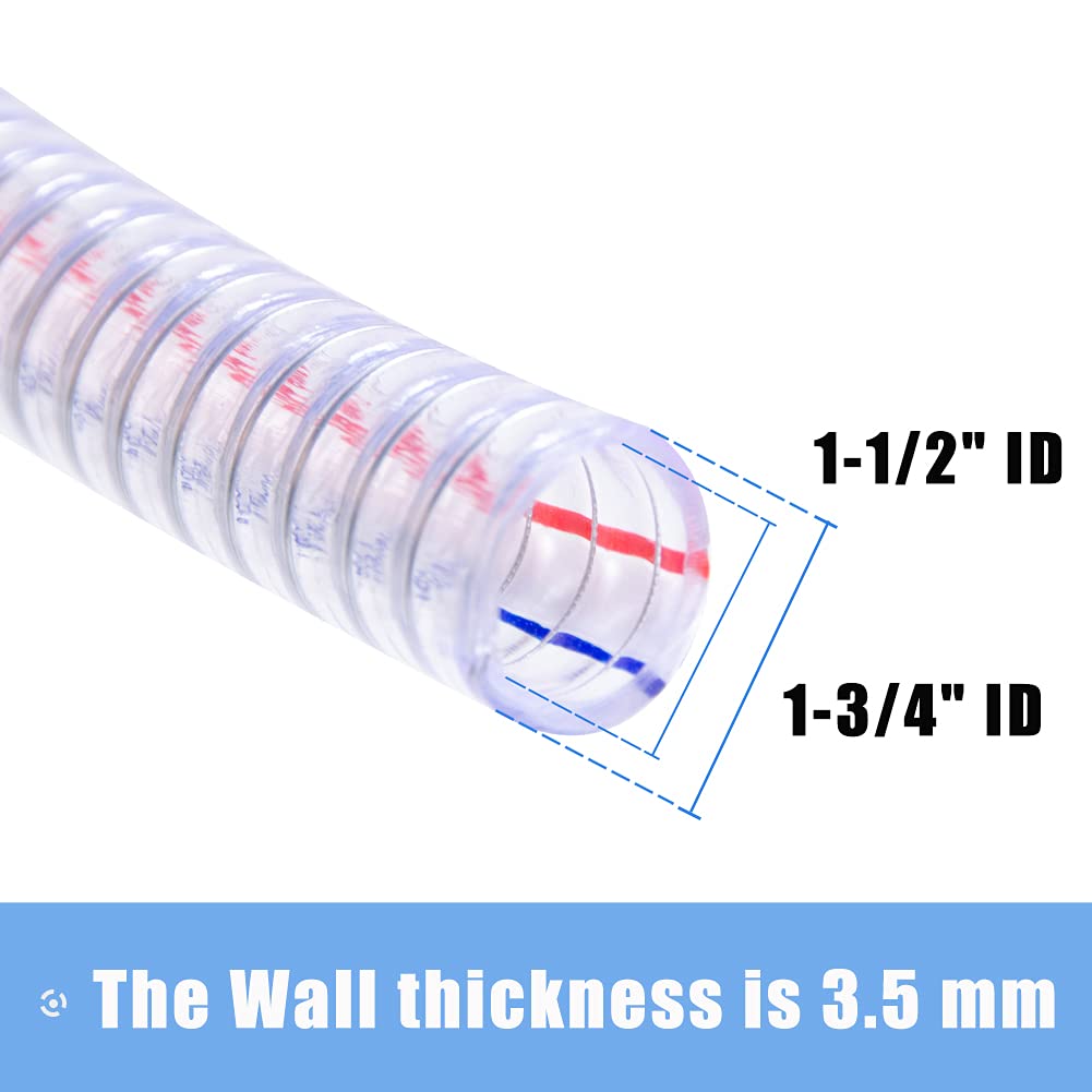 QuQuyi 1-1/2 Inch ID x 1-3/4 Inch OD Heavy-Duty Steel Wire Suction PVC Flexible Tubing High Pressure UV Chemical Resistant Thick Vinyl Hose Tube, 3 FT