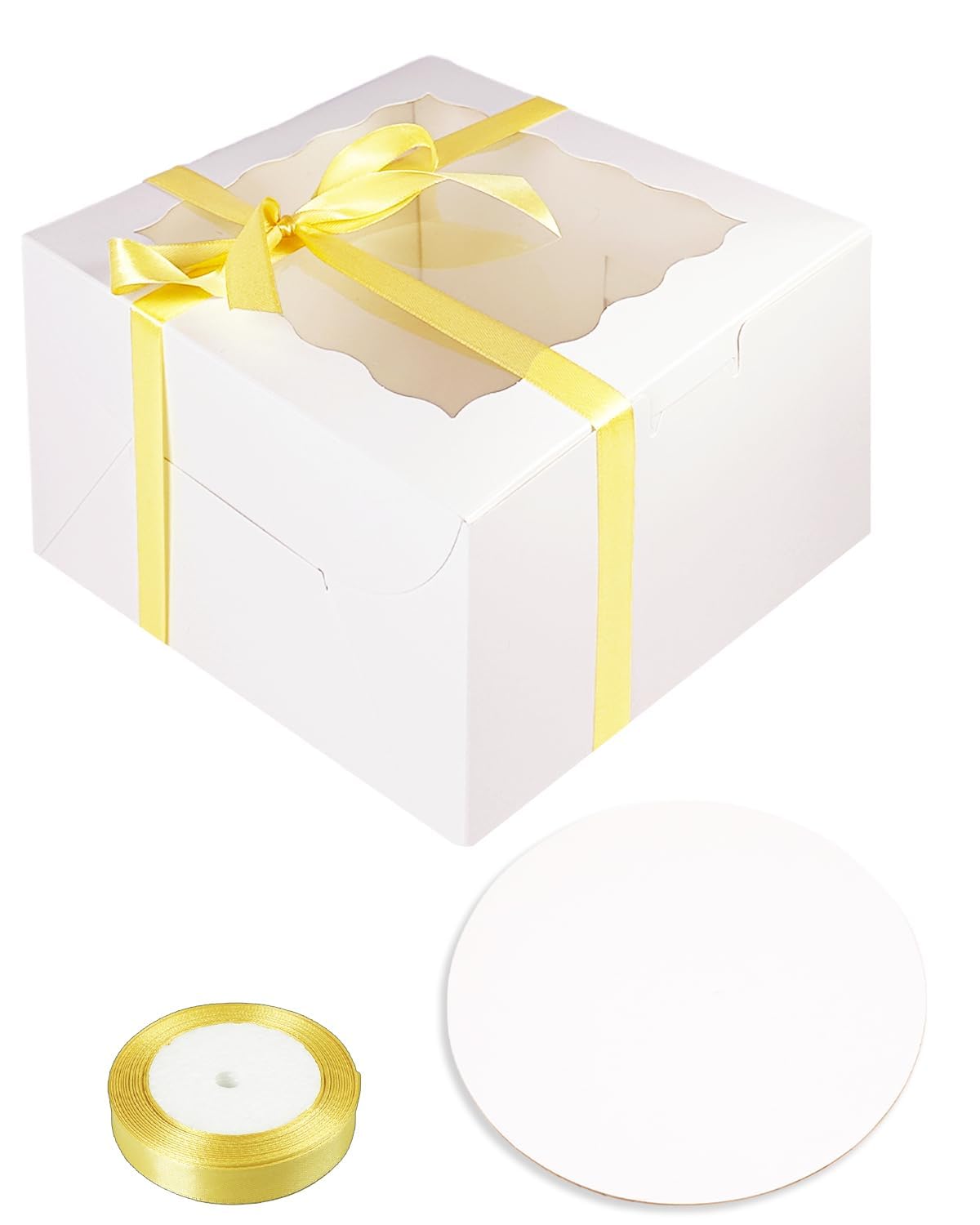 qiqee 6x6x5 Cake Box, 18 Sets White Cake Box with Window & 18 Sets 6" White Cake Round Boards, 6inch Cake Containers & 10 Meters Gold Silk Ribbon