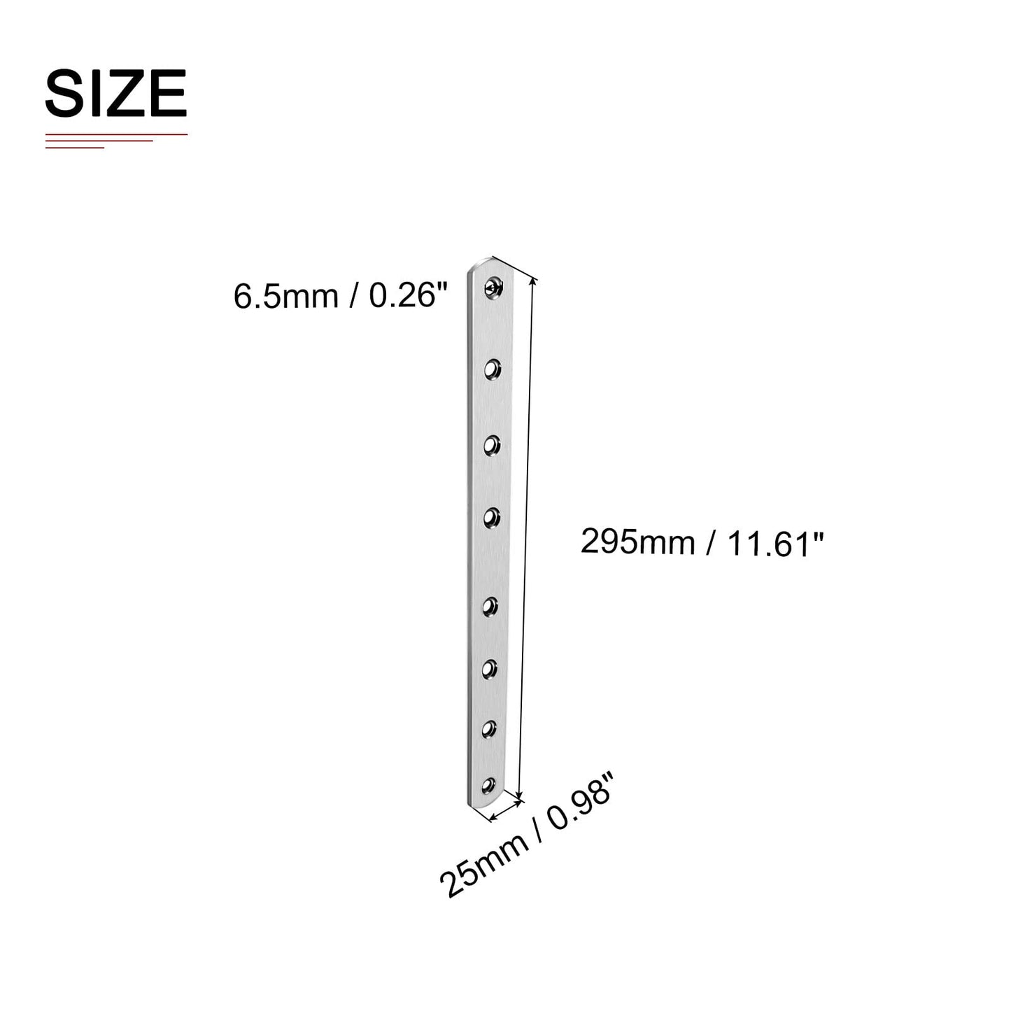 DTGN 295x25x4mm(LxWxT) Flat Straight Brace Plate -2Pack- Good for Furniture Repairing - Stainless Steel Brace Plate - Silver Tone