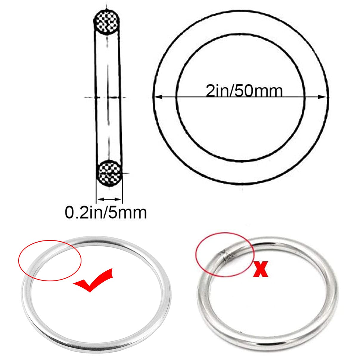 Abimars 2" Seamless Metal O Ring, 10 Pack 304 Stainless Steel Rings Load 320lbs, Solid, Heavy Duty Multi-Purpose Metal O-Ring for Macrame, Dog Leashes