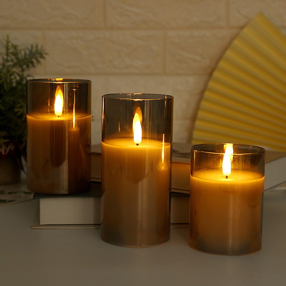 3Pack LED Flameless Flickering Candles with Remote Control and Timer,Battery Operated Electric Candles for Home Party Wedding Birthday Halloween Christmas (Grey)