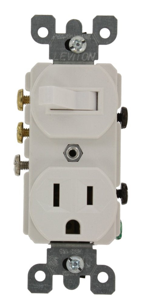 Leviton 5245-W 15 Amp, 120 Volt, Duplex Style 3-Way AC Combination Switch/Receptacle, Commercial Grade, Grounding (White)