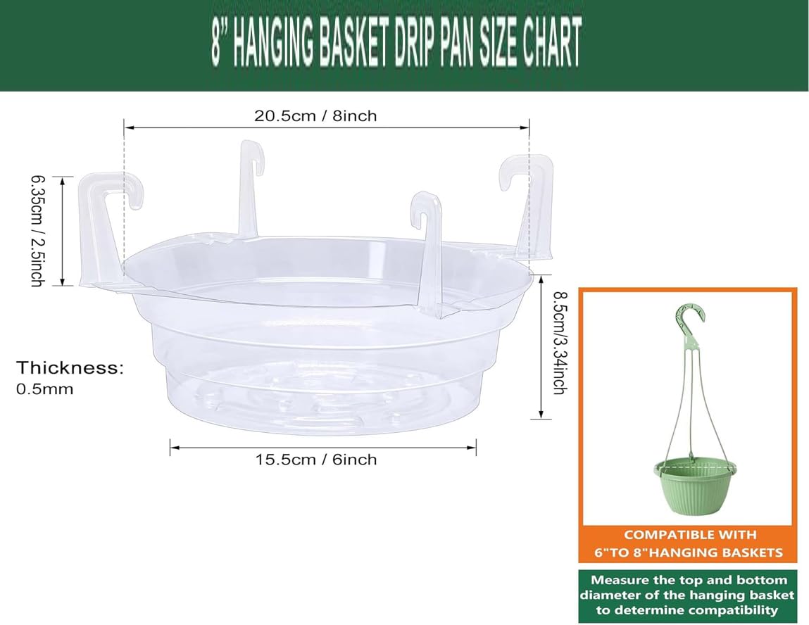 15-Pack Clear Hanging Plant Drip Trays, 8" Durable Plastic Saucers with Airflow Design for 6-8" Pots, Leak-Proof Indoor/Outdoor Hanging Basket Drip Pans for Floor Protection (15, 8 inch)