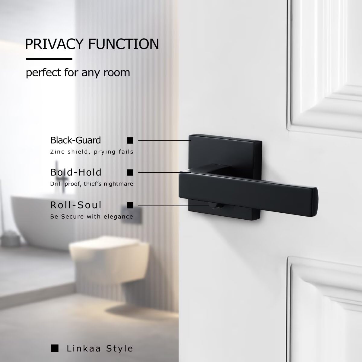 Linkaa Black Keyless Door Locks for Front Door,Bedroom Bathroom Door Lever,Interior Door Handle with Lock,Exterior Door Knob(Privacy,Push Button Lock,1 Pack)