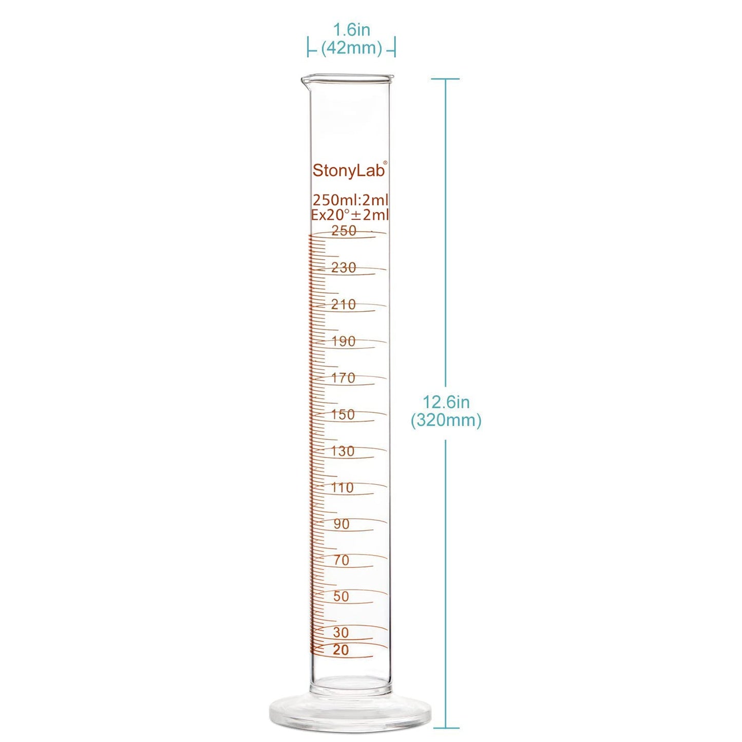 stonylab 1-Pack Graduated Cylinder, Borosilicate Glass 250 ml Heavy Wall Graduated Glass Measuring Cylinder