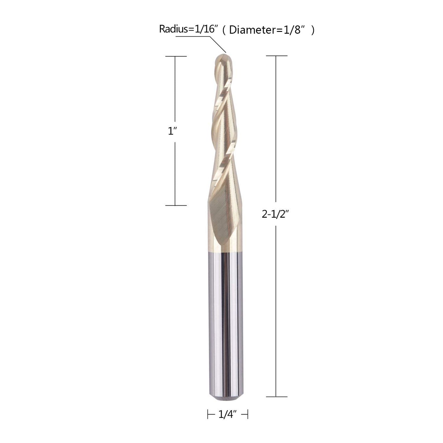SpeTool Tapered Ball Nose End Mill 1/4" Shank with 1/16" Cutting Radius for 3D Carving Engraving Router Bit, ZrN Coated