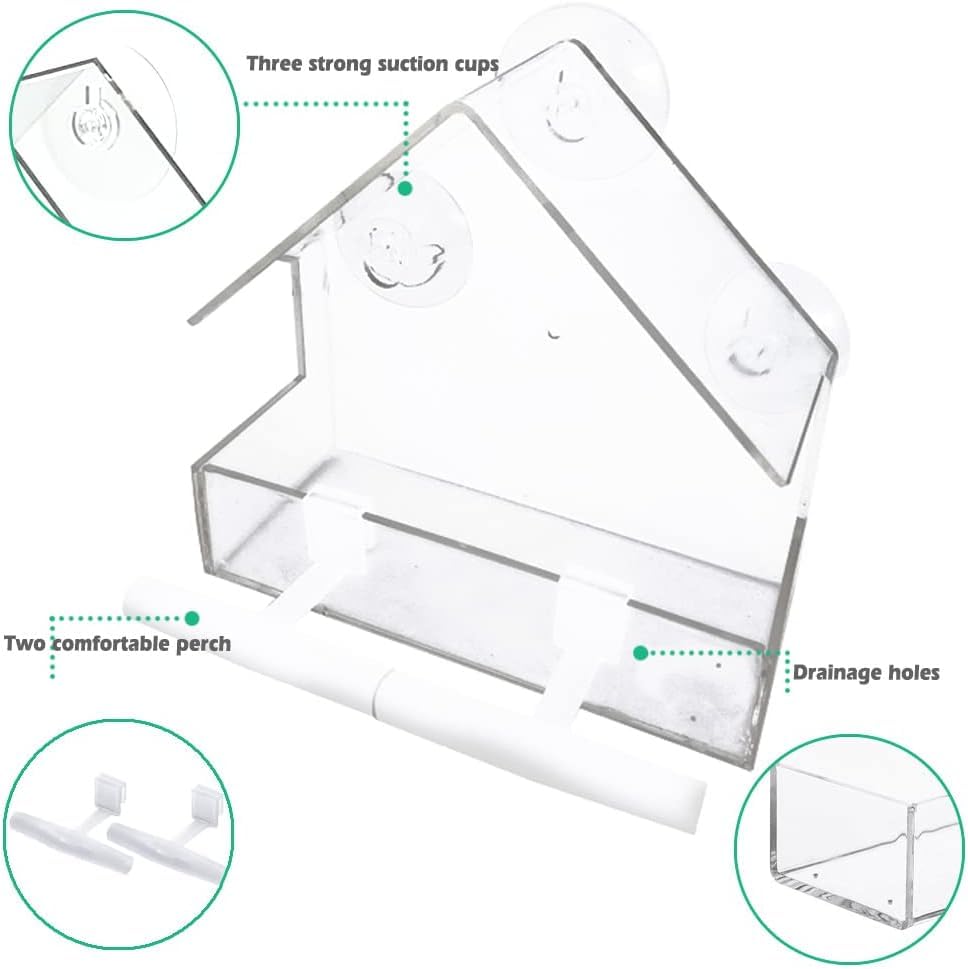 WLLKOO Window Bird Feeder 2 Pack, Bird House for Outside with 4 Rod, Small Acrylic Window Bird Feeder with Strong Suction Cups and Drain Holes 5.9 * 2.4 * 5.9 inch
