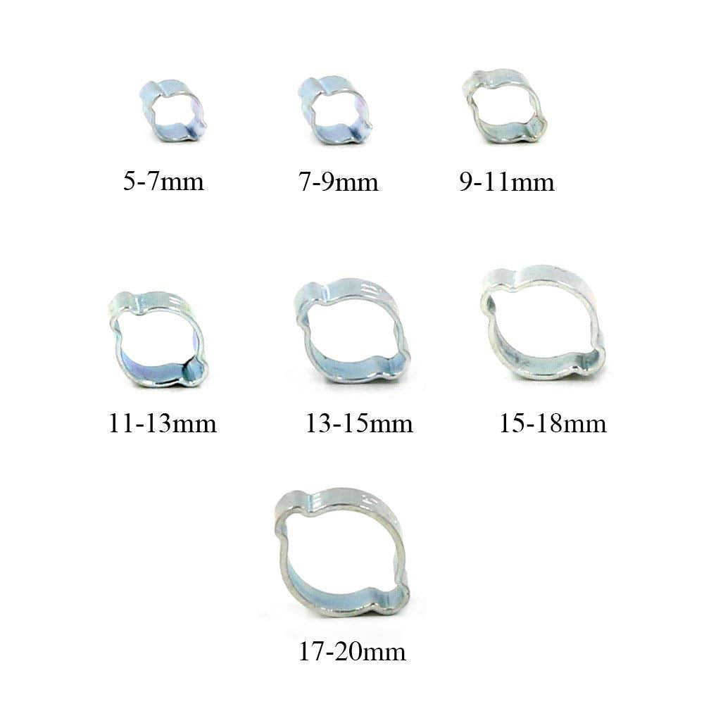 Hilitchi 7 Sizes 140Pcs Zinc Plated Double Ear Hose Clamps O Clips Pipe Hose Tube Fuel Clamps Fasteners Clips Assortment Kit