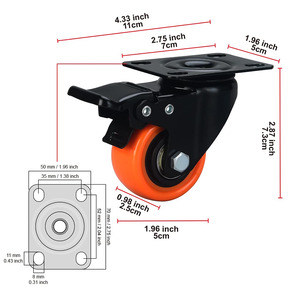 ASRINIEY Caster Wheels, 2 inch Casters Set of 4 Heavy Duty - Castor Wheels with Brake, Top Plate Swivel Orange Polyurethane Wheels, Locking Casters for Furniture and Cart