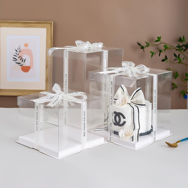 Doppelia 2 Pack Cake/Gift PET Tall Clear Box - 10" X 10" X 9" Carrier With Lid & Ribbon, Transparent Display Container For Birthday, Wedding, Anniversary