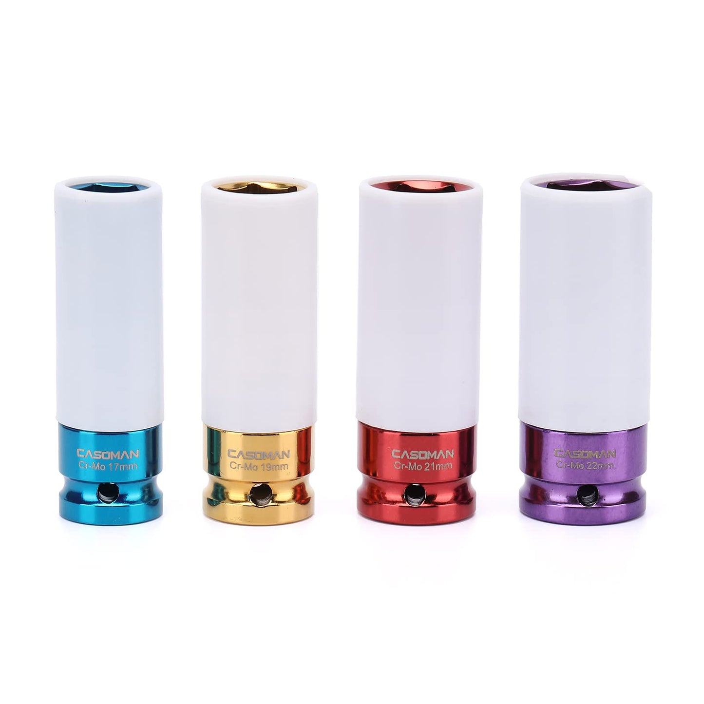 CASOMAN 1/2- Inch Drive Wheel Protector Impact Socket, 1/2" Thin Wall Deep Impact Socket Set Plastic Sleeve Lug Nut, 4 Pieces Set, 6 Point,Metric, CR-MO, 17mm,19mm,21mm,22mm