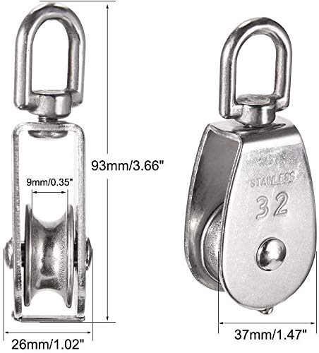 6 Pack M32 Lifting Single Pulley Roller Loading 550Ibs, 304 Stainless Steel Heavy Duty Single Wheel Swivel Lifting Rope Pulley Block 32mm Pulley Roller