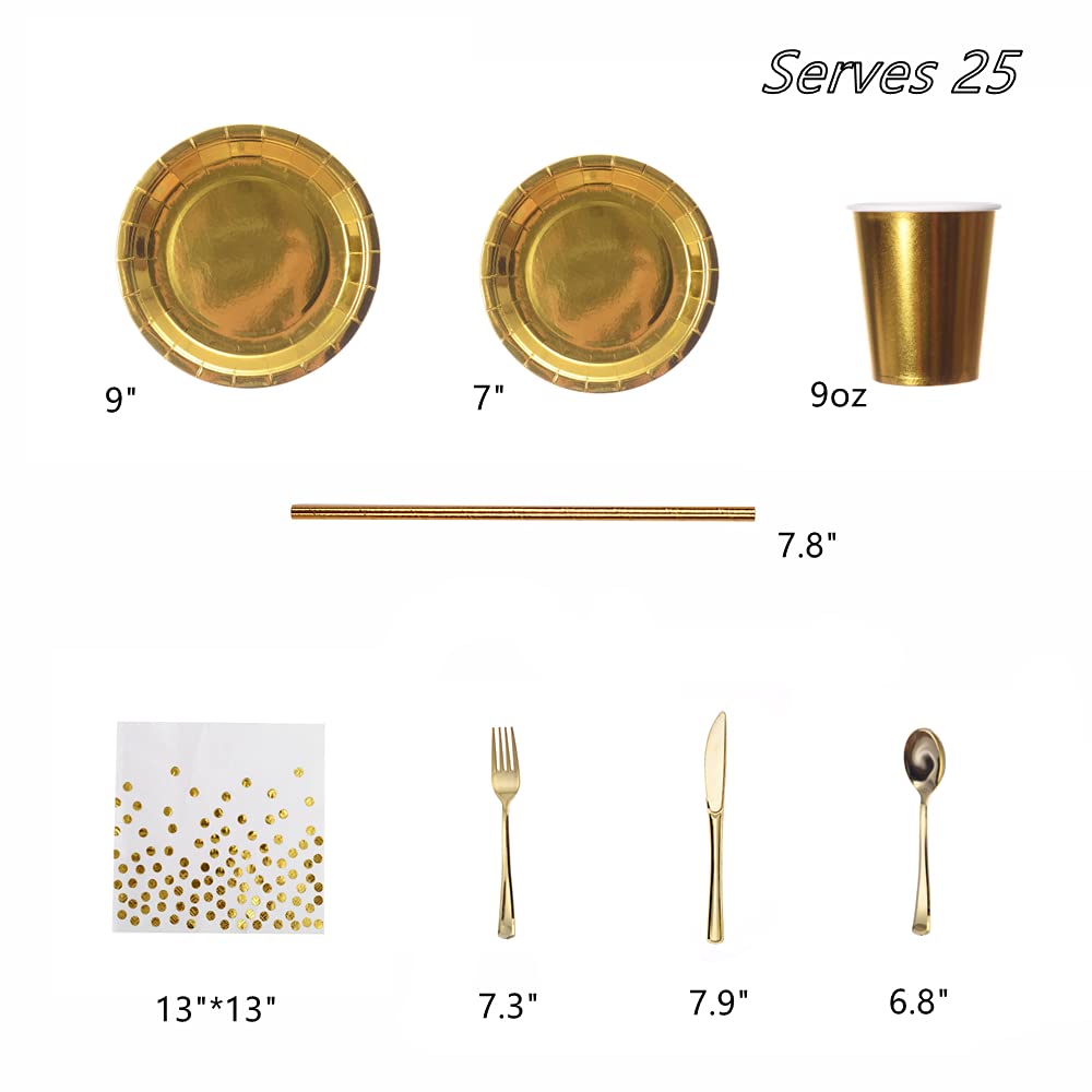 200Pcs Solid Gold Party Supplies - Gold Paper Plates & Napkins Cups Silverware Serves 25 Sets for Wedding Bridal Shower Engagement Birthday Parties (Gold)