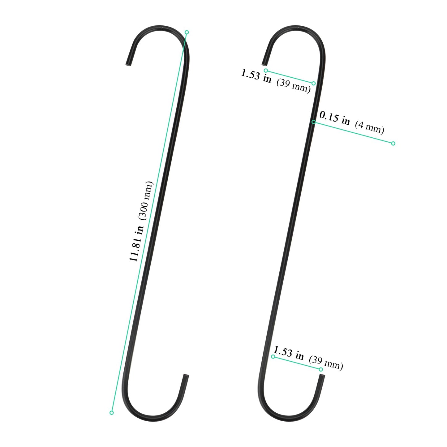 SENJEOK 20 Pack 12 Inch Large Black S Hooks, 30cm Long Metal S Shaped Hooks for Hanging