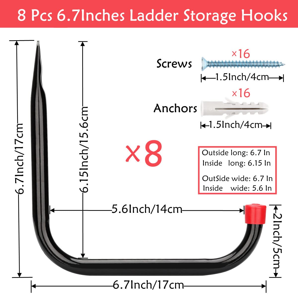 8 Pack Heavy Duty Garage Storage Utility Hooks, 6.7Inch/17cm Wall Hangers Ladder Hooks for Garden Tool, Bike, Chair, Hose, Outdoor or Indoor