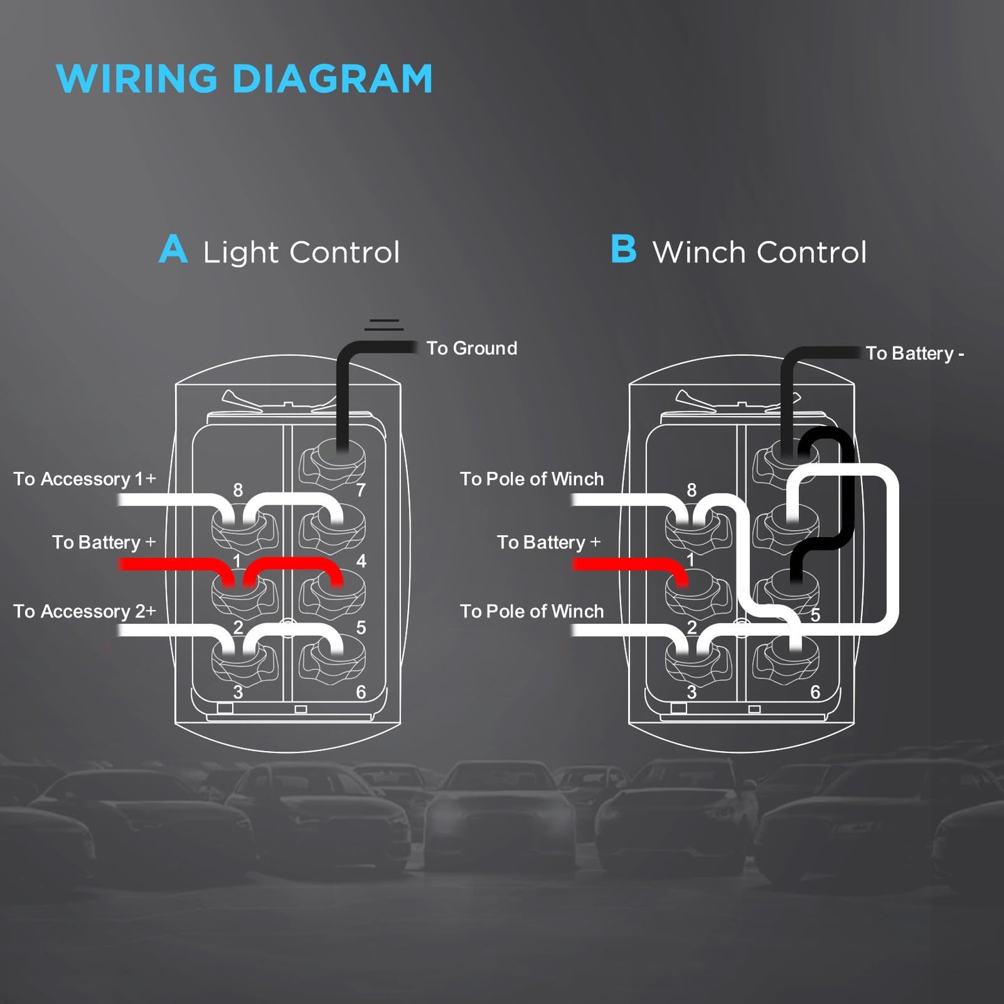 RECOIL LAS2 DPDT 20A DC 12V DC Motor Reverse Polarity Momentary Rocker Switch with Blue LED Pigtail Wire Actuator Up/Down with Adapter and Carling Switch