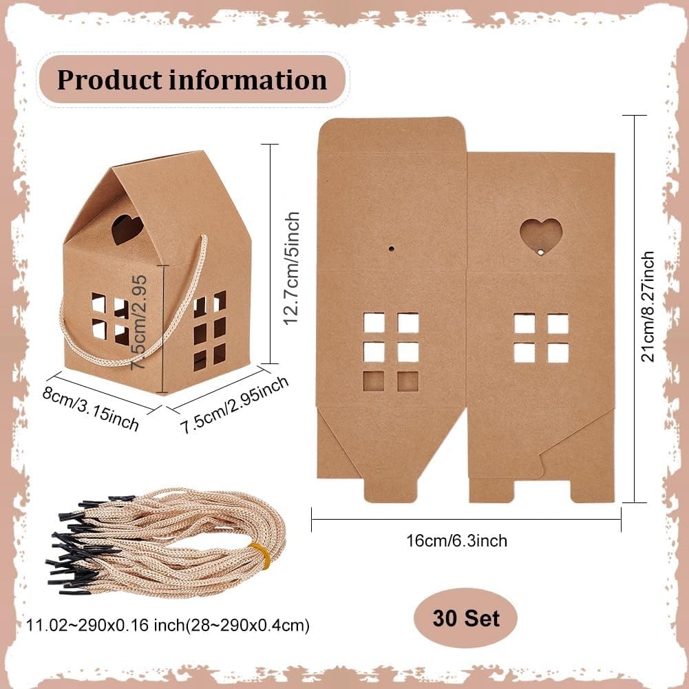 BENECREAT 30Pcs House Shaped Gift Boxes, 3x3x5inch Log Kraft Paper Candy Box Cardboard Treat Boxes for Wedding Baby Shower Birthday Party