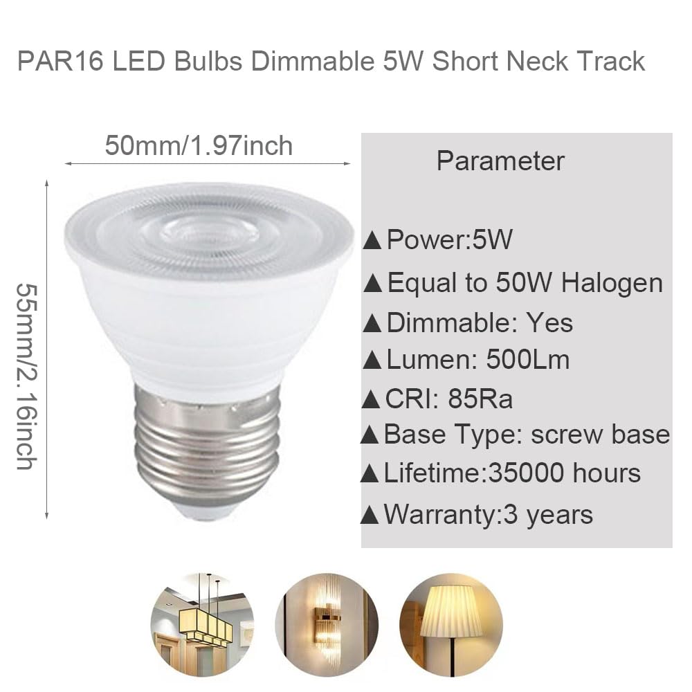 10 Pack PAR16 LED Light Bulb Short Neck,Dimmable,5W, 500LM, LED Flood Lights (50W Halogen Equivalent) Recessed Spotlights Floor Lamp,E26 Screw Base Pot Ceiling Lights (Daylight White 6000K)