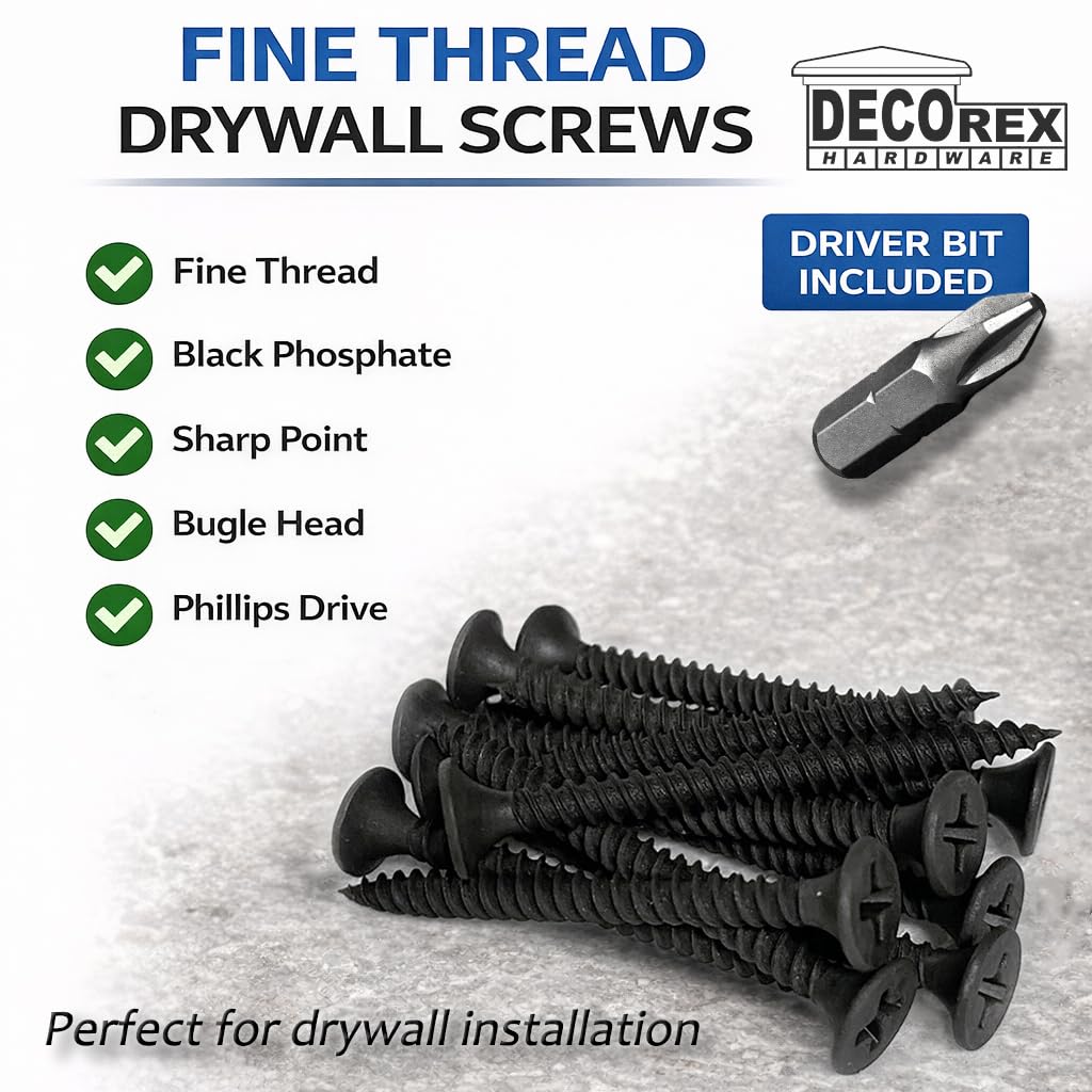 #6 x 1-1/4" Drywall Screws – Fine Thread, Phillips Drive, Sharp Point, Bugle Head, Black Phosphate – Contractor-Grade Drywall & Wood Fasteners + Driver Bit Included (500pcs)