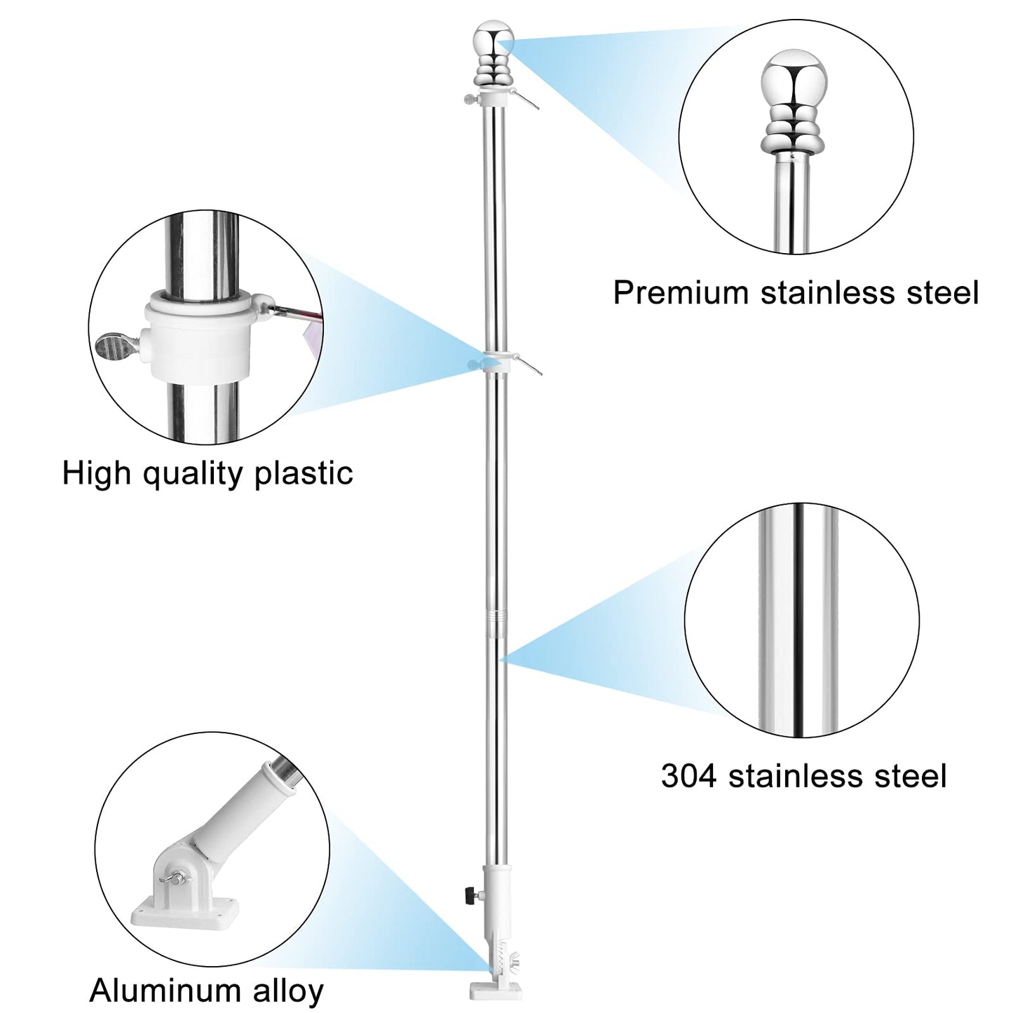 Remiawy 6FT Flag Pole Kit, Heavy Duty Stainless Steel Flagpole with Holder, Outdoor Flag Pole for Truck Porch Garden Yard with 4 Flag Pole Rings
