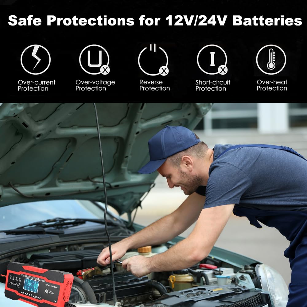 10-Amp 12V 24V Smart Car Battery Charger | Fully-Automatic Trickle Charger & Maintainer | Pulse Repair Desulfator for AGM Gel SLA Flooded Batteries