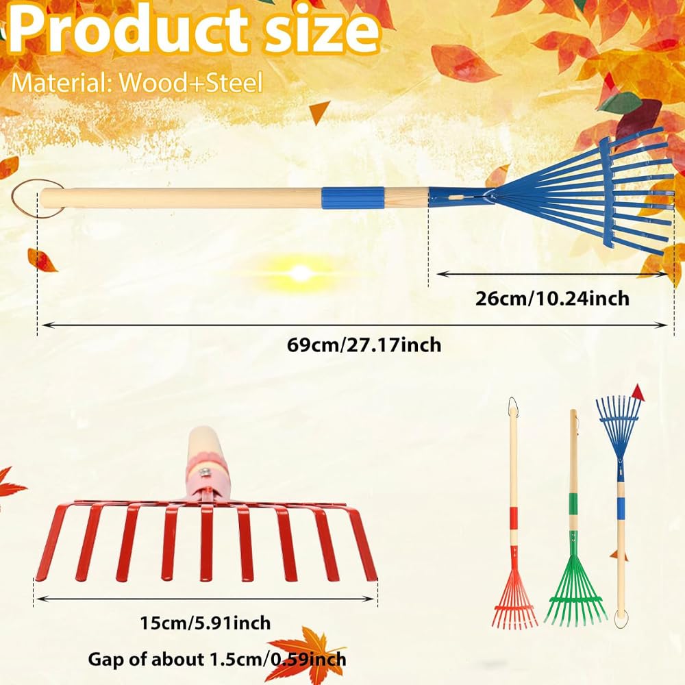 3 Pieces Rakes with Wooden Handle&Head , 27" Lawn Rakes for Leaves