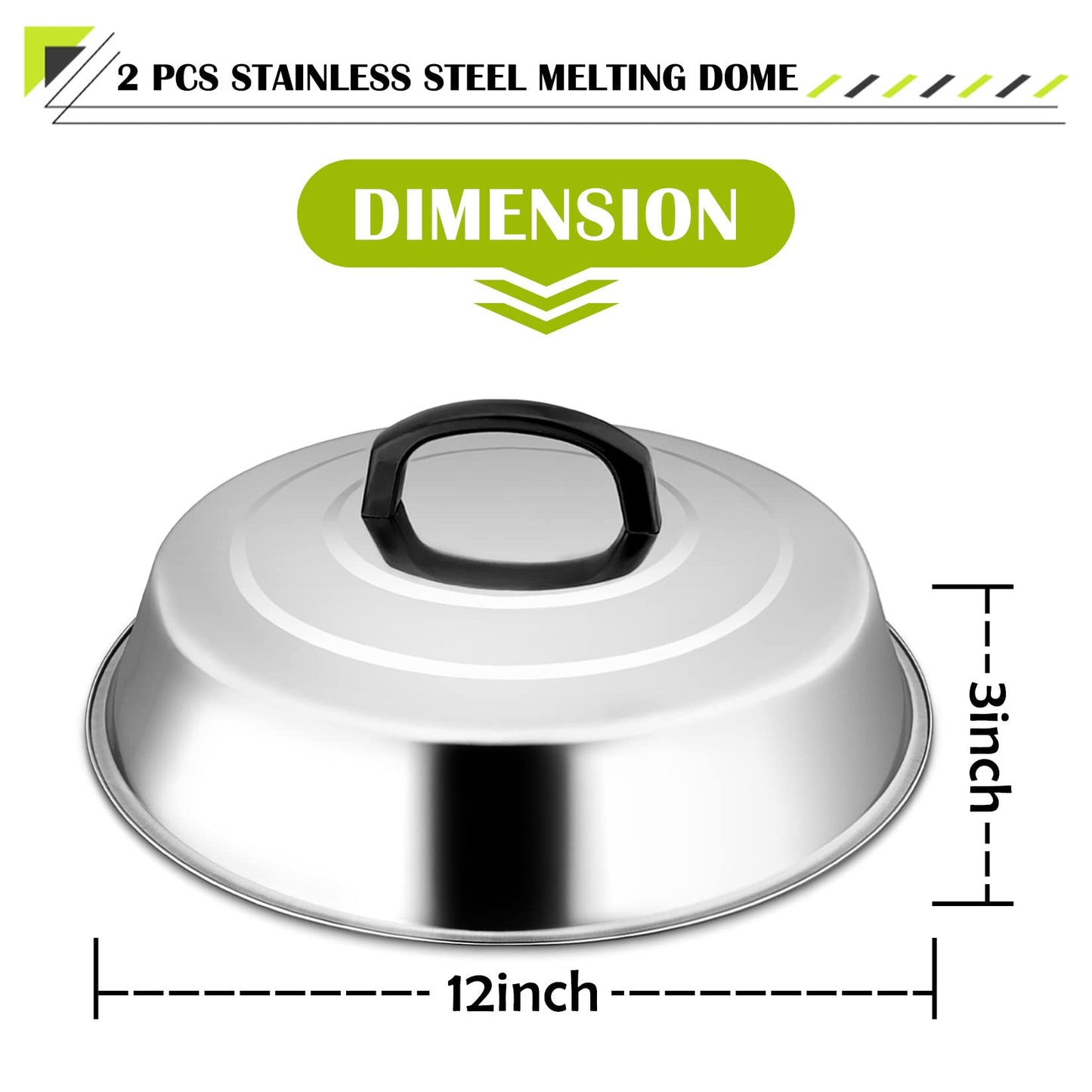 12 Inch Cheese Melting Dome Set of 2, Joyfair Basting Cover for Griddle Grilling Outdoor Camping/Flat Top Teppanyaki, Stainless Steel Lids with Heat-Proof Handle, Dishwasher Safe