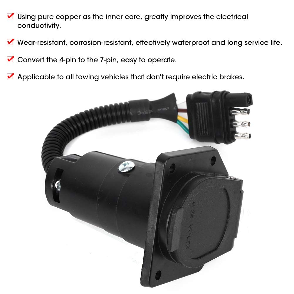 4 to 7 pin Trailer Adapter, 6-24V Multi-Tow 4 Pin to 7 Pin Trailer Wiring Harness Tow Hitch Wire Adaptor with Bracket Waterproof Connector US Type