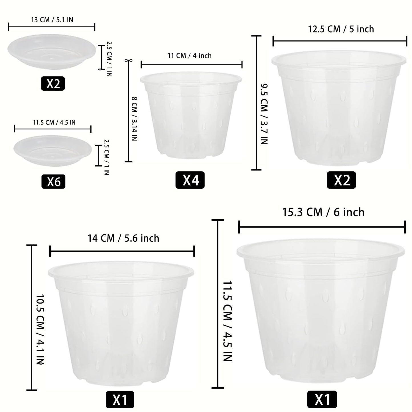 8pcs Orchid Pots with Saucers and Plant Stakes Set, 4" 5" 5.6" 6" Multi-Size, Clear Orchid Pot with Holes and Plant Support, Clear Plastic Breathable Orchid pots for Repotting