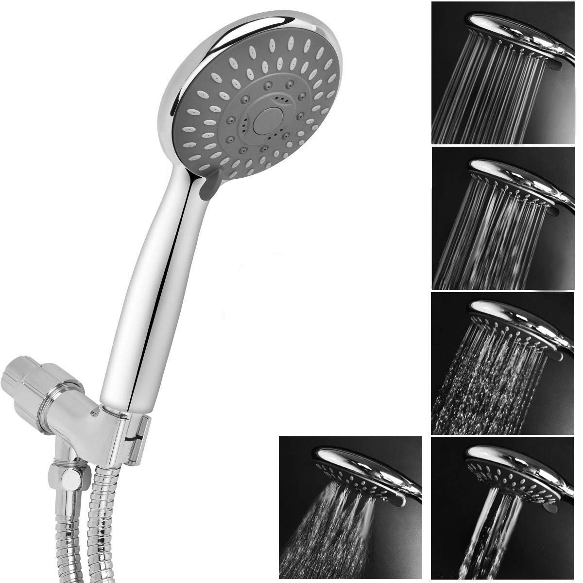 Shower Head, High Pressure Handheld Showerhead with Hose, 5 Settings Chrome Finished Hand Held Rainfall Shower Set- Including Bracket Teflon Washer