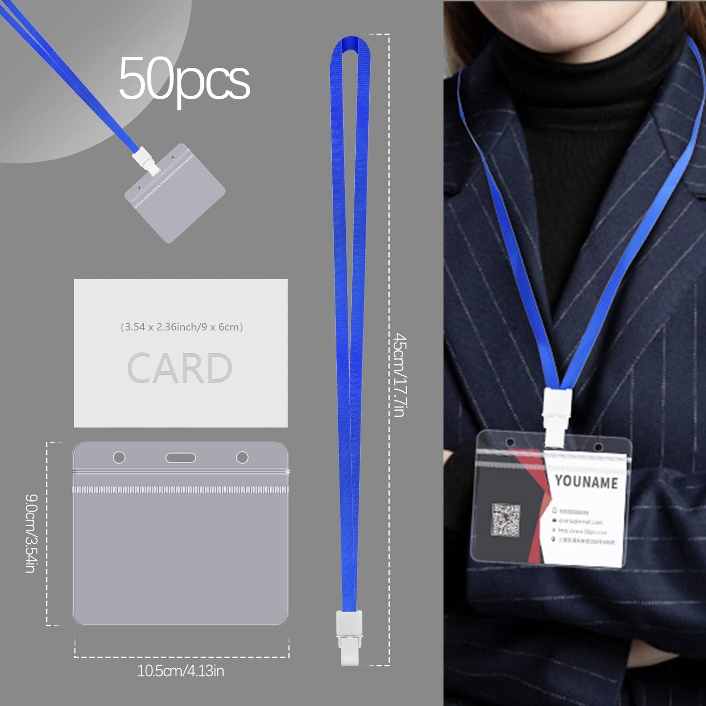 FZENeast Badge Holder with Lanyard,50 PCS Clear Waterproof Horizontal id Holder with 50 PCS Flat Neck Blue Badge Lanyards for Business Office School