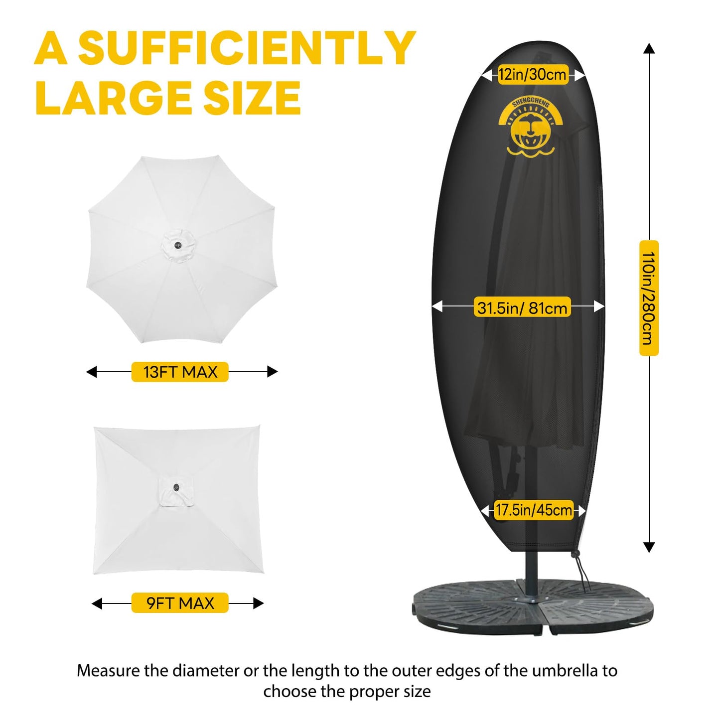 SHENGCHENG Patio Umbrella Covers Waterproof Outdoor Offset Banana Style Umbrella Cover with Rod - 420D Waterproof & Heavy Duty UV-Resistant Cover for 9-13ft Outdoor Umbrella with Support Pole SC003