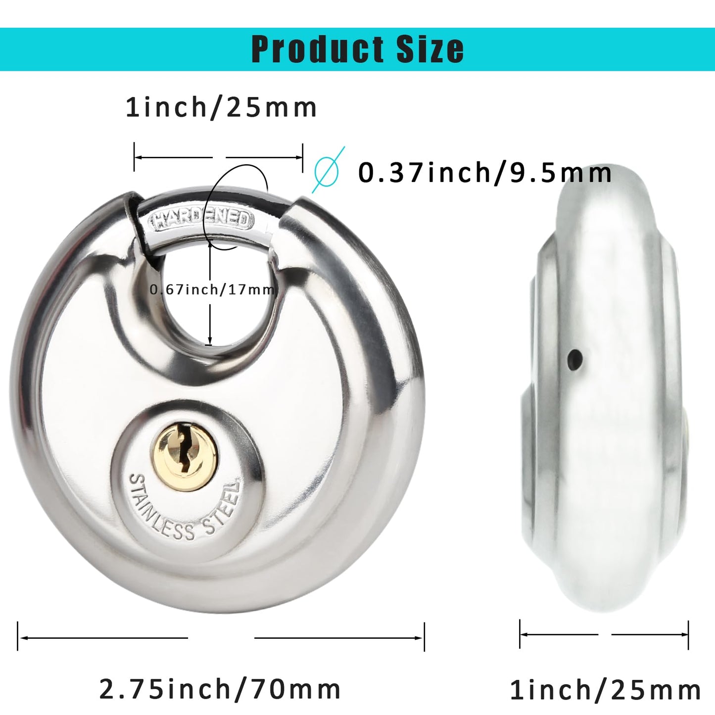 2Pack Padlocks Keyed Alike, 2-3/4"(70mm) Disc Locks for Storage Unit, Stainless Steel Locks with 4 Keys, Outdoor Waterproof Storage Lock for Storage Locker, Shed, Gate, Fence, Warehouse