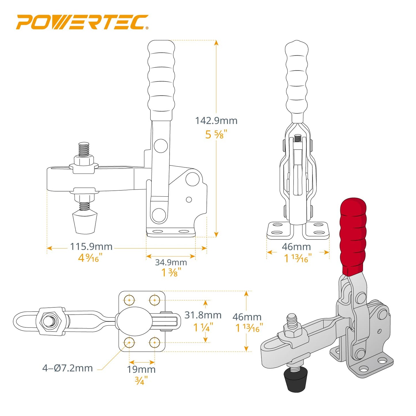 PowerTec 20335 Vertical Quick-Release Toggle Clamp, 500lbs Capacity, 12130, 2PK