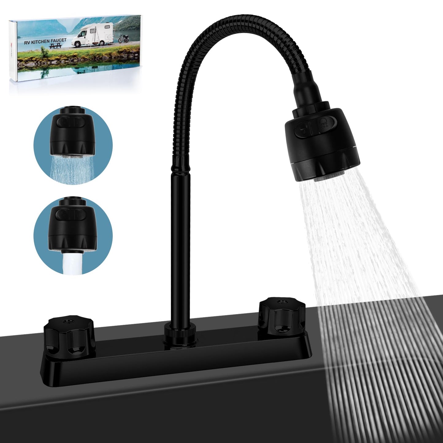 8 inches Apart RV Sink Faucet, Kitchen Faucet Replacement with Flexible 360 Degree Rotatable Sprayer for RV, Dual Function Sprayer, Campers, Motorhomes, Travel Trailers (Black)