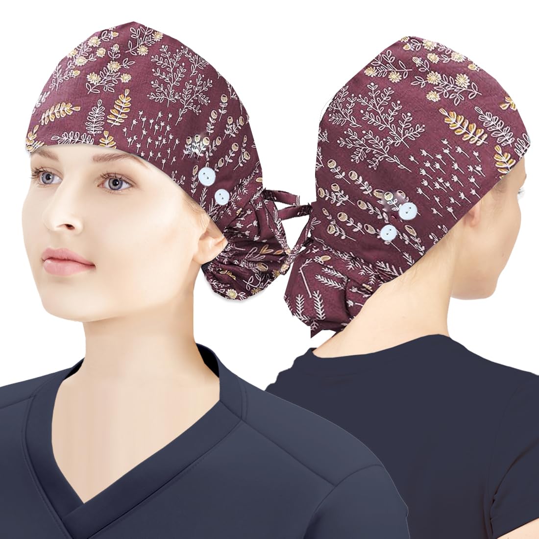 ATHPIK Satin-Lined Surgical Scrub Caps for Nurses/Doctors with Long Hair –Breathable Cotton Surgeon Cap for Healthcare Professionals(Black/Little Pink Rose