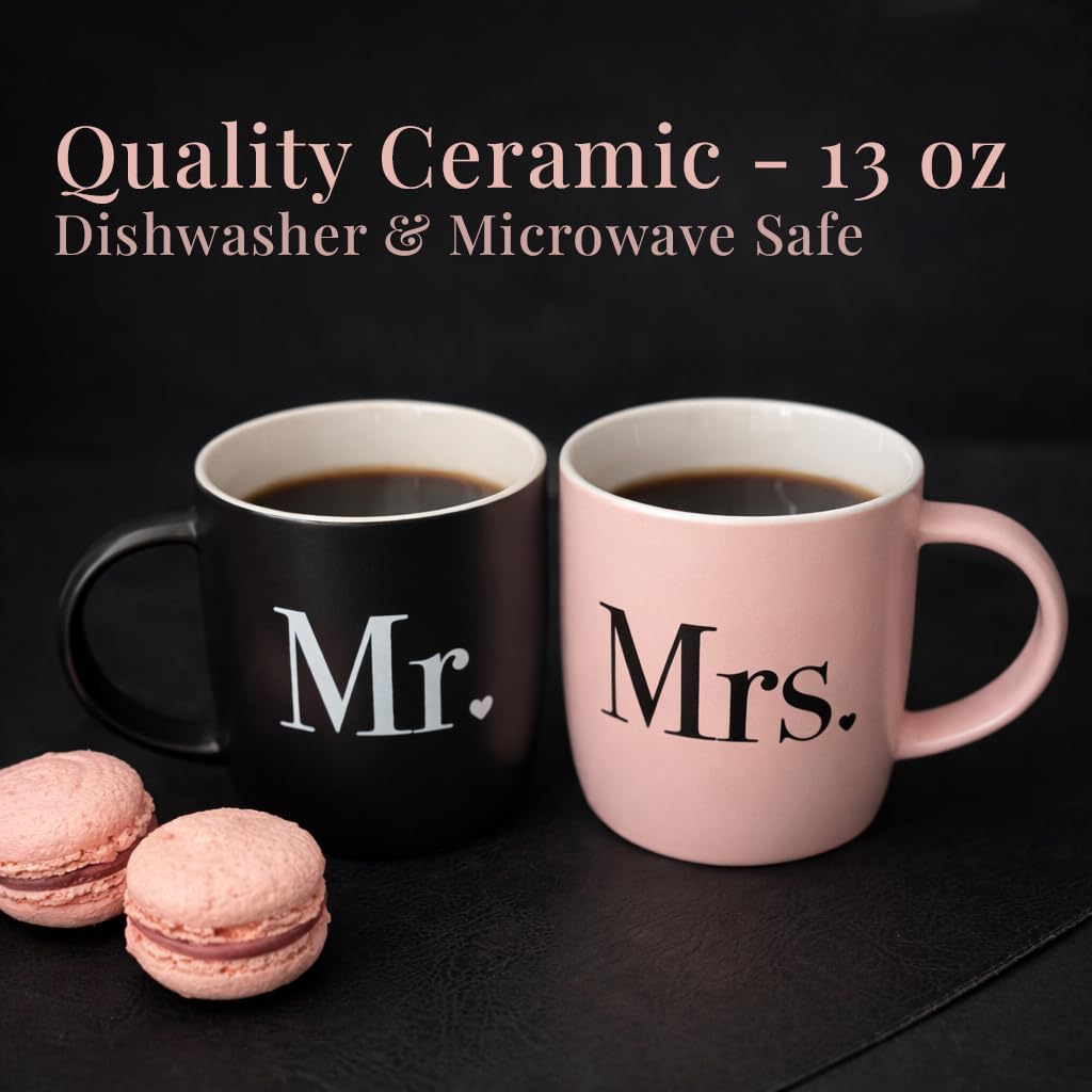 Triple Gifffted Mr and Mrs Coffee Mugs Couples Gifts Ideas for Wedding Anniversary Engagement Valentines Christmas His Hers Present Husband Wife Him Her Men Women, Bride Groom Newlyweds, Ceramic 13Oz
