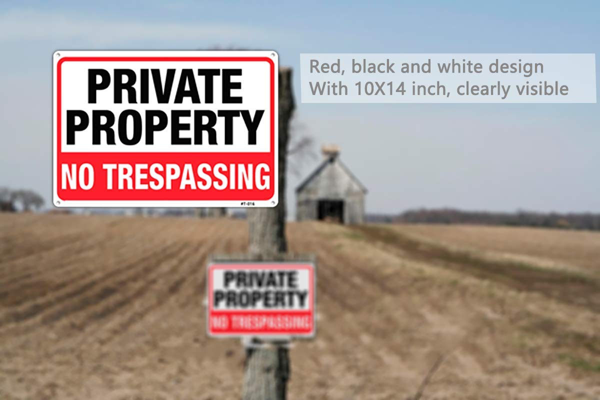 Large No Trespassing Signs Private Property Metal 10x14 Inch Rust Free Aluminum,UV Ink Printing,Durable/Weatherproof Up to 7 Years Outdoor for Home (4-Pack)
