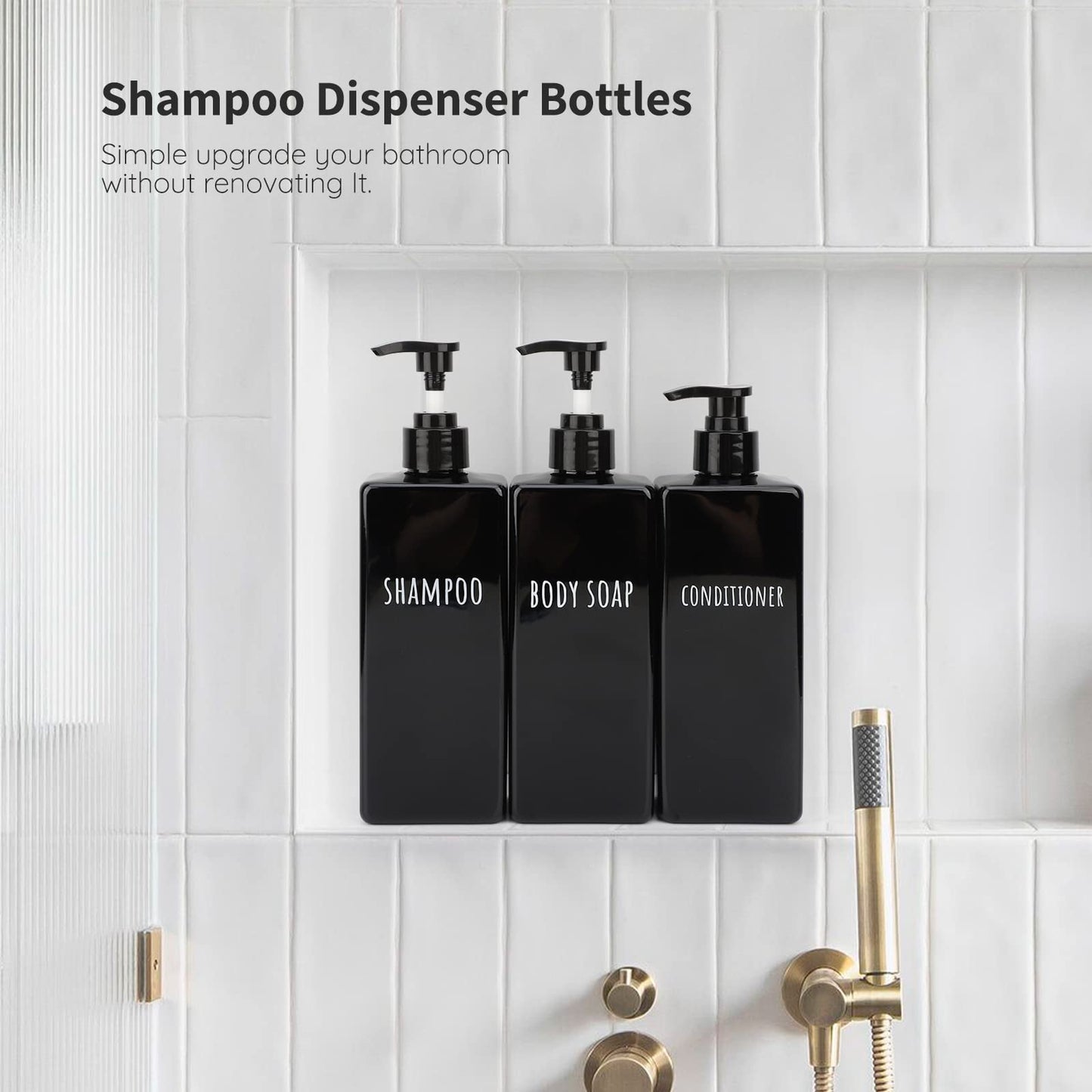 Segbeauty Square Soap Dispenser Black, 3pcs 500ml Refillable Shampoo and Conditioner Bottles, 16.9oz Empty Reusable Plastic Pump Bottle Bathroom Shower Dispenser Set for Body Wash Liquid Lotion