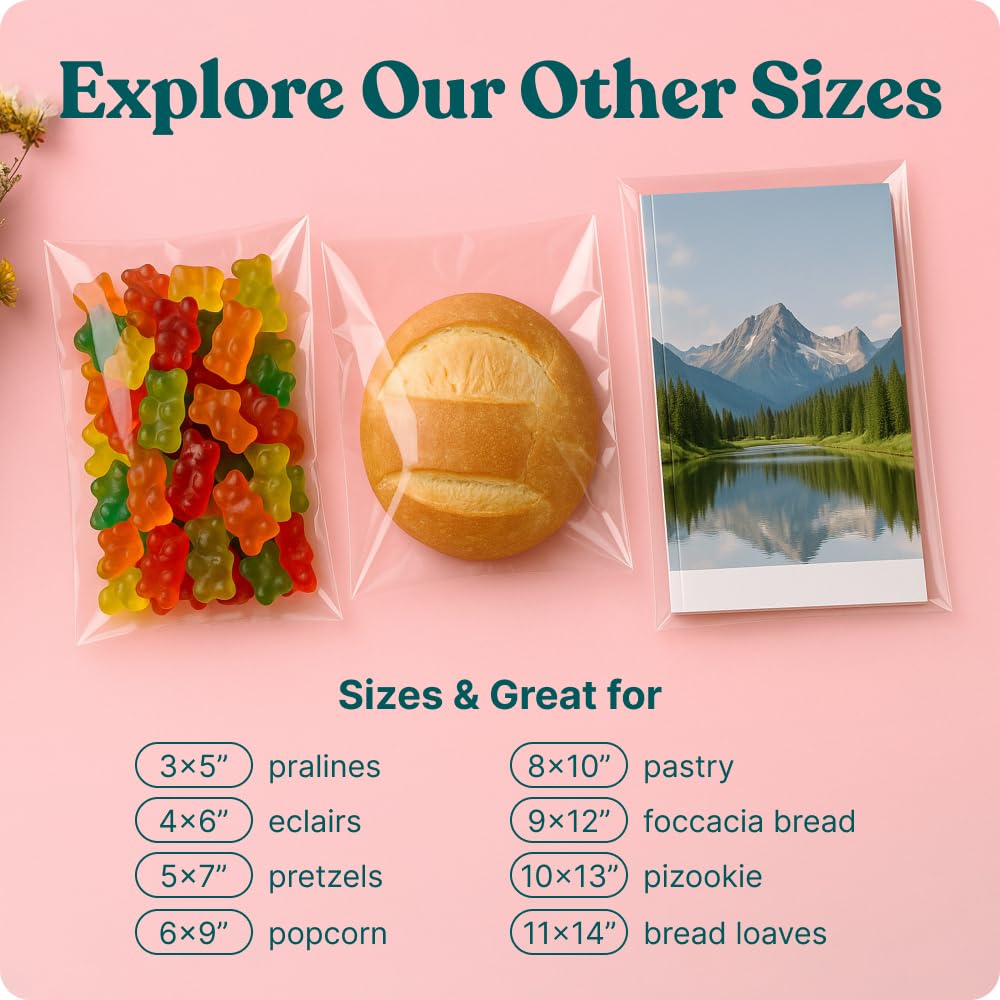9" X 12" Self Sealing Cellophane Bags (200 Pack) - Clear Cookie Bags With Seal for Baked Goods Packaging, Cookie Wrappers, Bakery Packaging, Bake Sale, Candy, Treats, Goodies, Gifts, Party Favors