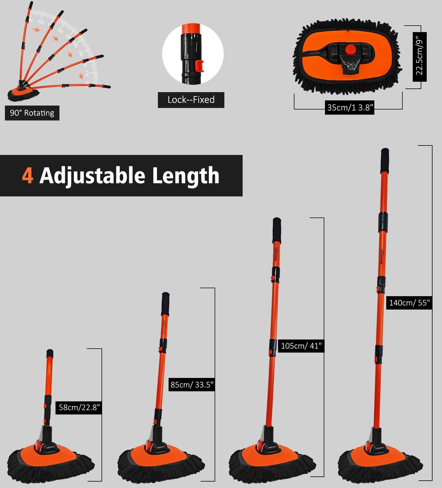 YeewayVeh 140cm 55" Car Wash Brush Mop with Long Handle, 15 Degree Curved Extendable Car Wash Brush with Extra Microfiber Mop Head, Soft Washing Brushes with Storage Bag for Truck SUV Cleaning,Orange