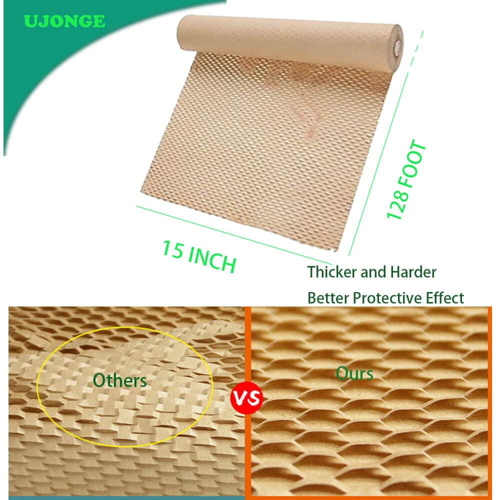 UJONGE 15"x128' Honeycomb Packing Paper Cushioning Wrap Roll Eco Friendly Recyclable Packaging Papers Cushion Wrap for Gift, Shipping, and Moving Breakables