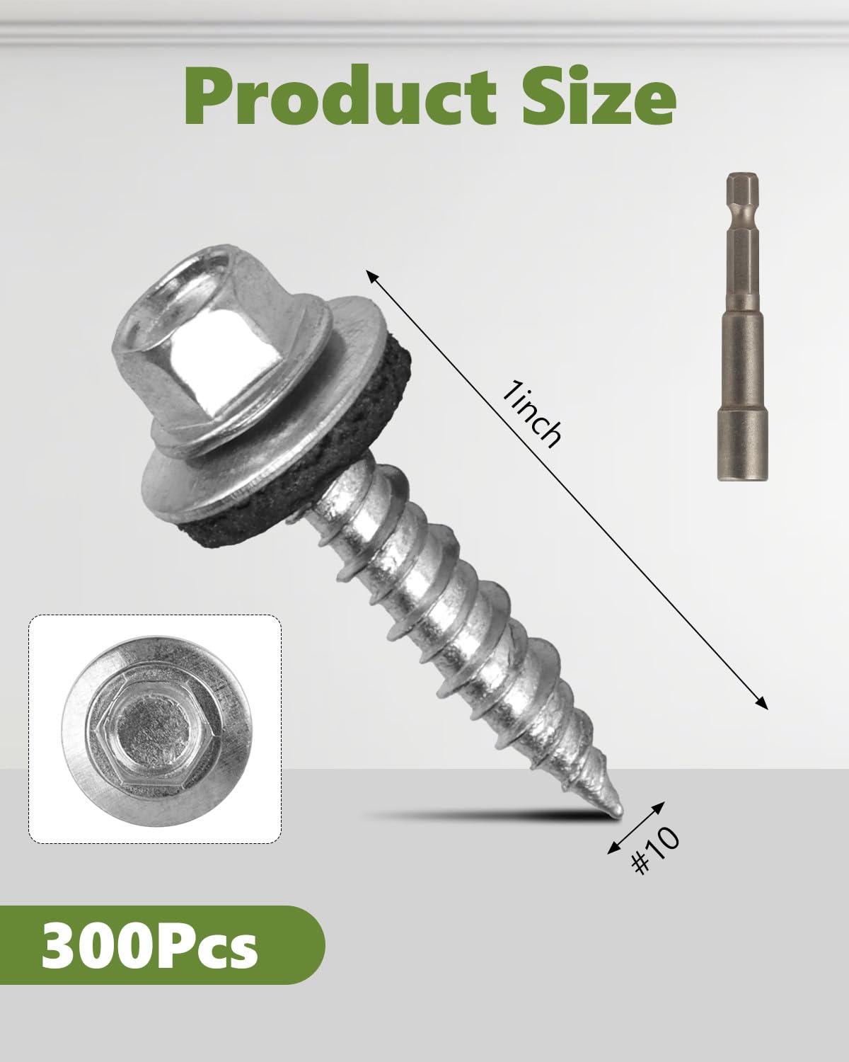 AOKLIT Hex Head Roofing Screws #10 × 1 Inch, 300Pcs Zinc Plated Self Tapping Metal Roof Screws with Rubber Washers for Metal and Corrugated Roofing Panels (Hex Socket Included)