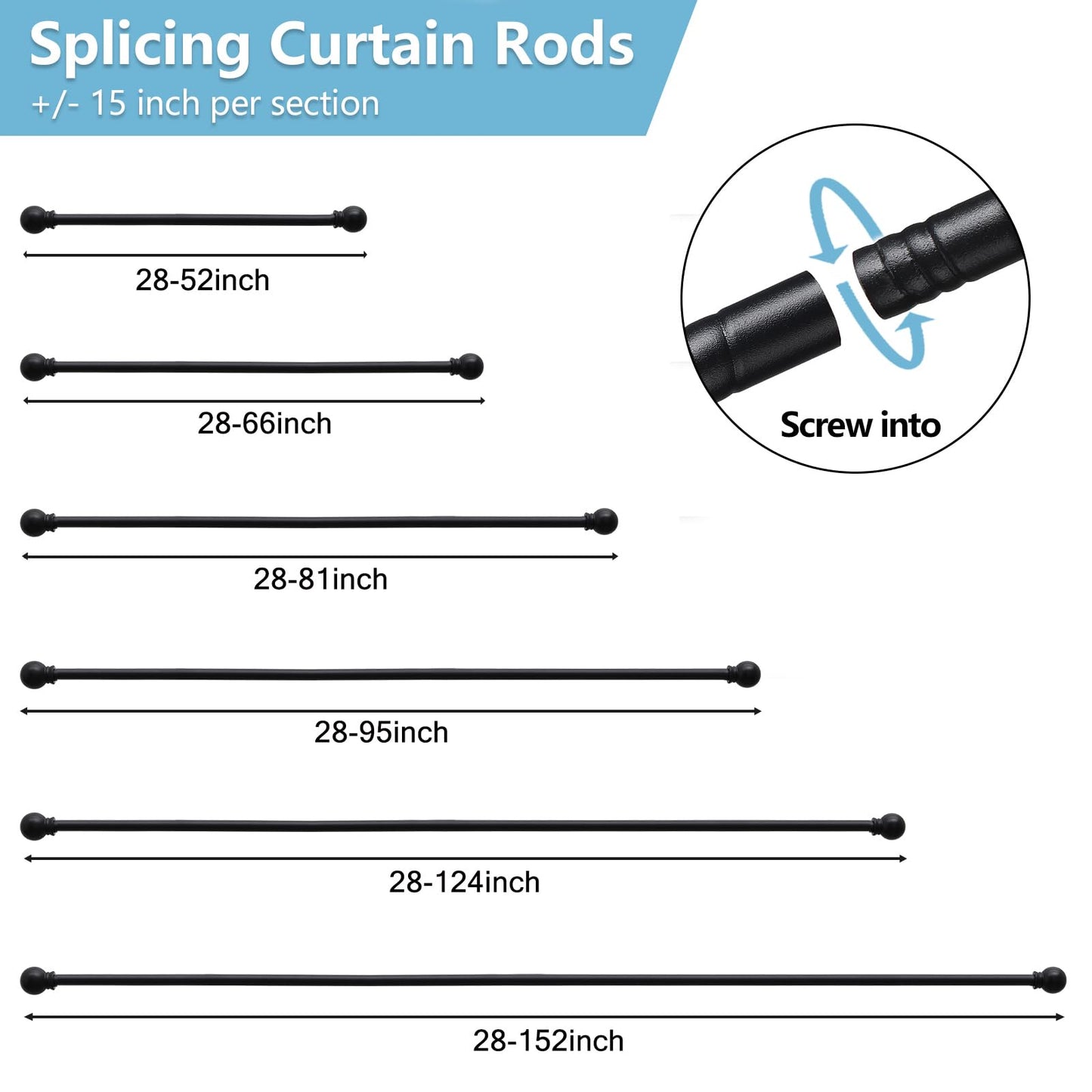 2 Pack Curtain Rods for Windows 28 to 48 Inch, 5/8 Inch Small Matte Black Curtain Rod For Bathroom, Living room, Kitchen(size:28-52 Inch)
